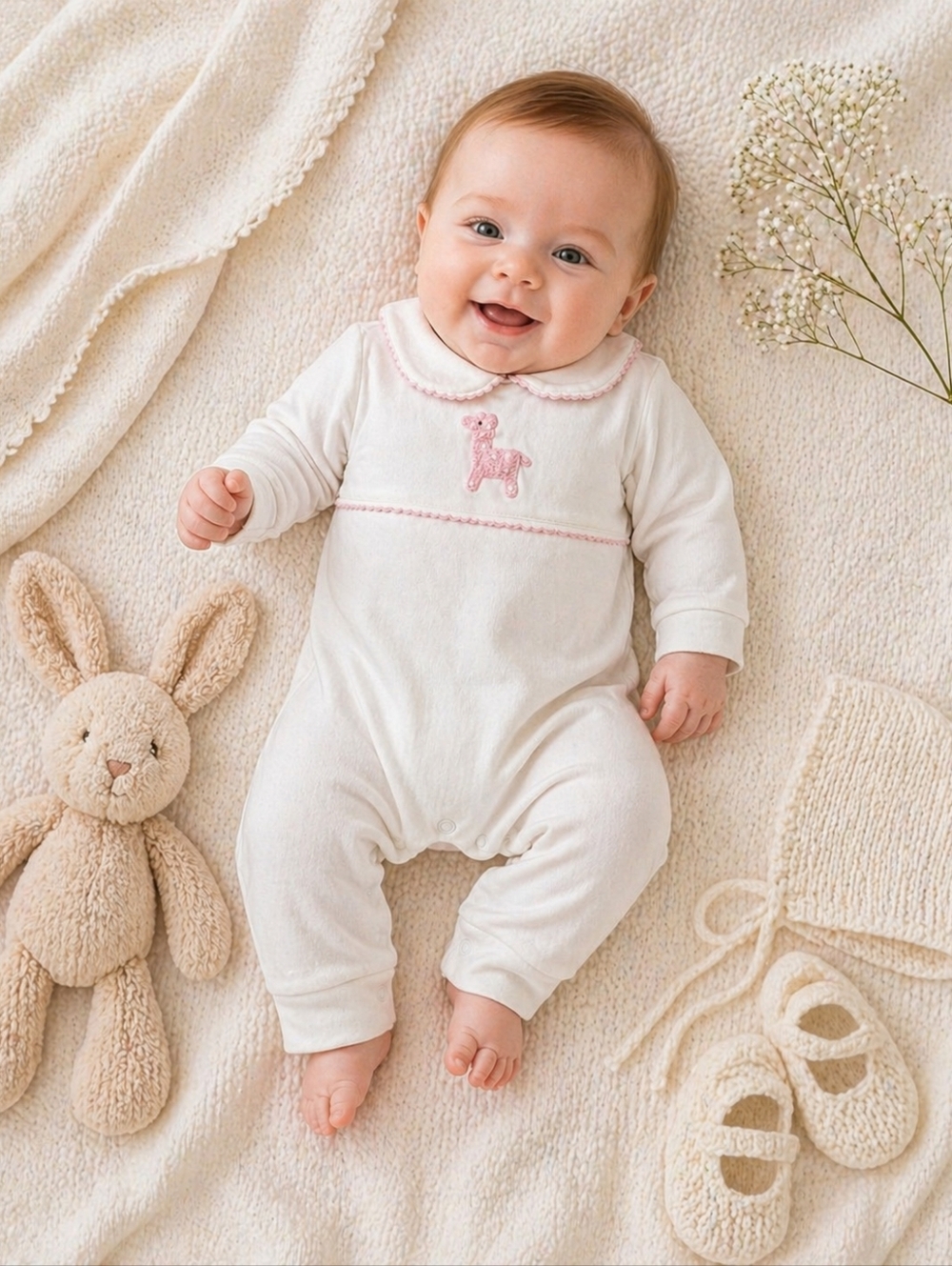 ✨ Little English Baby Girl Hand-Smocked Romper 3M Pink Lamb Pima Cotton
